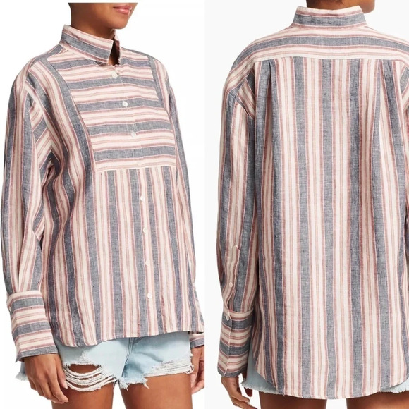 Frame Linen Striped Bib Button Down Shirt Oversized Gray Pink Cream Size XS - Picture 2 of 16